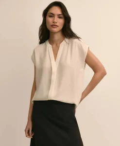 Band Collar Button-Front Blouse