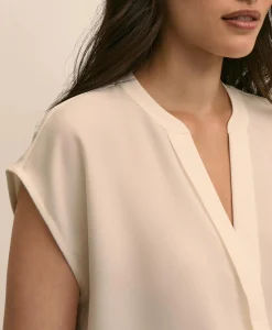 Band Collar Button-Front Blouse