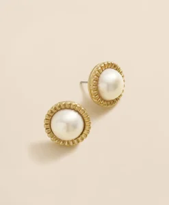 Bezel Frame Faux-Pearl Stud Earrings