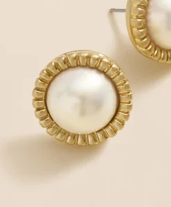 Bezel Frame Faux-Pearl Stud Earrings