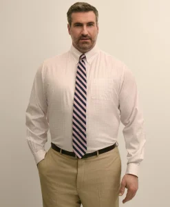 Big & Tall Stretch Cotton Non-Iron Pinpoint Oxford Polo Button Down, Windowpane Dress Shirt