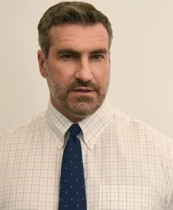 Big & Tall Stretch Cotton Non-Iron Pinpoint Oxford Polo Button Down, Windowpane Dress Shirt