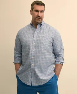 Big & Tall Stretch Cotton Non-Iron Poplin Polo Button Down, Check Sport Shirt