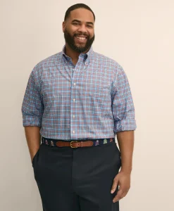 Big & Tall Stretch Cotton Non-Iron Poplin Polo Button Down, Check Sport Shirt