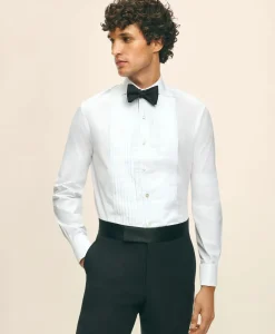 Black Fleece Pleated Londoner Collar Tuxedo Shirt in Sea Island Cotton