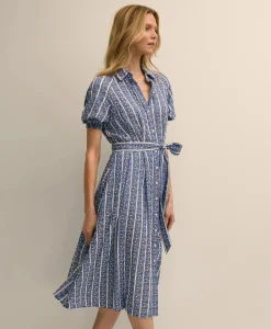 Chambray Floral-Stripe Embroidered Belted Shirt Dress