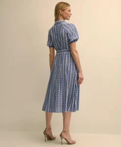 Chambray Floral-Stripe Embroidered Belted Shirt Dress
