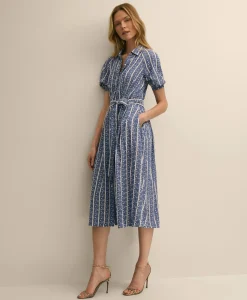Chambray Floral-Stripe Embroidered Belted Shirt Dress