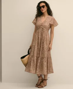 Chiffon Floral Flutter-Sleeve Dress