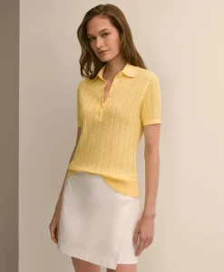 Cotton Blend Pointelle Polo Sweater