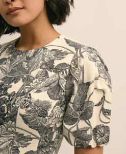 Cotton Blend Puff-Sleeve Floral Print Dress
