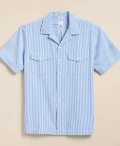 Cotton Blend Seersucker Camp Collar Shirt