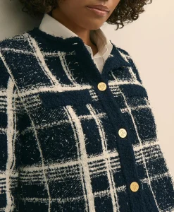 Cotton-Blend Soft Plaid Cardigan