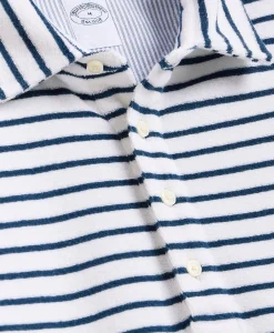 Cotton Blend Terry Cloth Stripe Polo Shirt