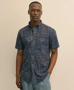 Cotton Block Mosaic Print Button-Down Collar, Short-Sleeve Shirt
