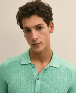 Cotton Cable-Knit Short-Sleeve Polo Sweater