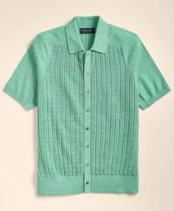 Cotton Cable-Knit Short-Sleeve Polo Sweater