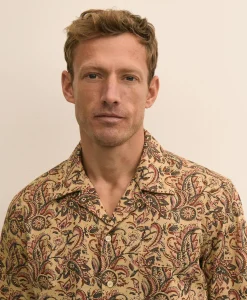 Cotton Camp Collar, Paisley Block Print Short-Sleeve Shirt