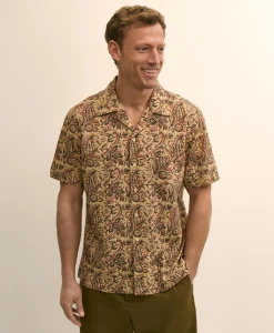 Cotton Camp Collar, Paisley Block Print Short-Sleeve Shirt