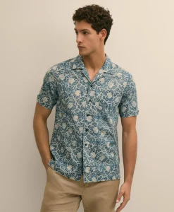 Cotton Camp Collar, Vine Block Print Short-Sleeve Shirt