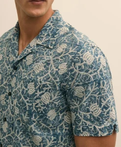 Cotton Camp Collar, Vine Block Print Short-Sleeve Shirt