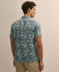 Cotton Camp Collar, Vine Block Print Short-Sleeve Shirt