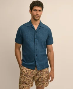 Cotton Embroidered Geo Camp Collar Short-Sleeve Shirt