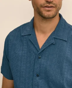 Cotton Embroidered Geo Camp Collar Short-Sleeve Shirt