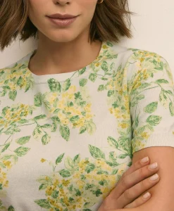 Cotton Floral Short-Sleeve Shell Sweater