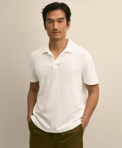 Cotton-Linen Pique Johnny Collar Shirt