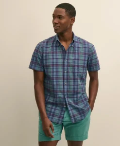 Cotton Madras Polo Button-Down Collar, Short-Sleeve Shirt
