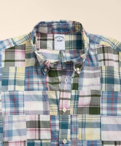 Cotton Patchwork Madras Polo Button-Down Collar, Short-Sleeve Shirt