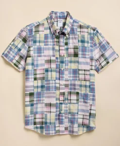 Cotton Patchwork Madras Polo Button-Down Collar, Short-Sleeve Shirt