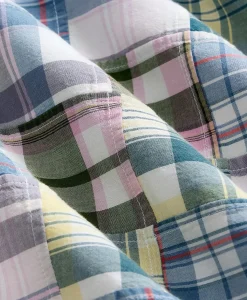 Cotton Patchwork Madras Polo Button-Down Collar, Short-Sleeve Shirt