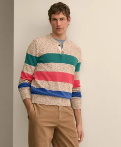 Cotton Rugby Stripe Marled Henley Sweater