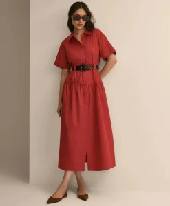 Cotton Sateen Belted Shirtdress