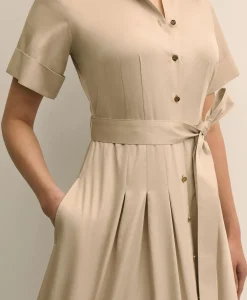 Cotton Sateen Short-Sleeve Belted Shirt Dress