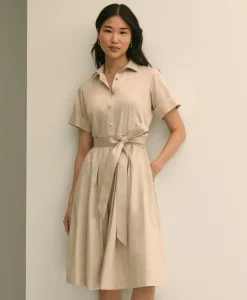 Cotton Sateen Short-Sleeve Belted Shirt Dress