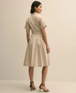 Cotton Sateen Short-Sleeve Belted Shirt Dress