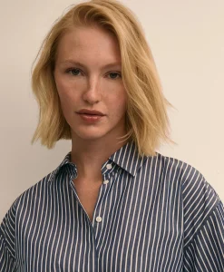 Cotton Short-Sleeve Drop-Shoulder Striped Shirt