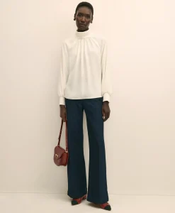 Crepe Band-Collar Relaxed Blouse