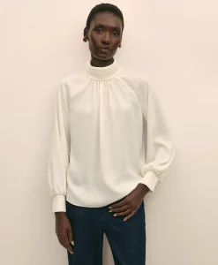 Crepe Band-Collar Relaxed Blouse