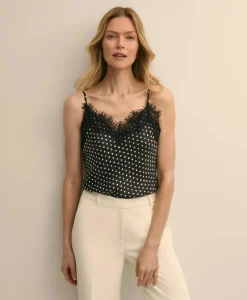 Dot-Print Lace-Trim Cami in Silk Charmeuse