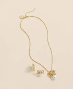 Faux Pearl & Crystal Pave Bow Pendant and Earrings Set