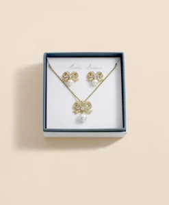 Faux Pearl & Crystal Pave Bow Pendant and Earrings Set
