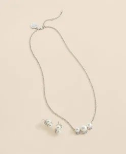 Faux Pearl Cubic-Zirconia Cluster Necklace and Earrings Set