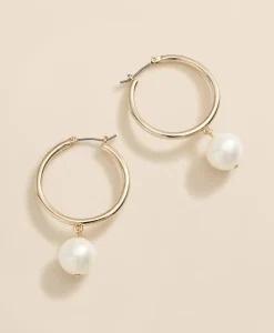Gold-Tone Faux-Pearl Drop Hoop Earrings