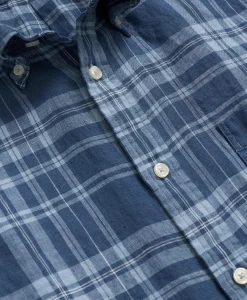 Irish Linen Polo Button Down Collar, Plaid Short-Sleeve Shirt