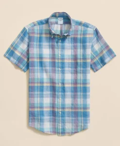 Irish Linen Polo Button Down Collar, Checked Short-Sleeve Shirt
