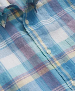 Irish Linen Polo Button Down Collar, Checked Short-Sleeve Shirt
